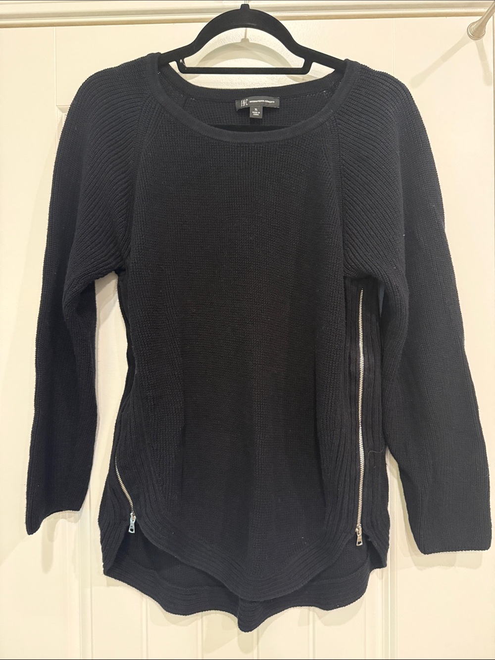 INC Black Crewneck Sweater with Side Zip Details